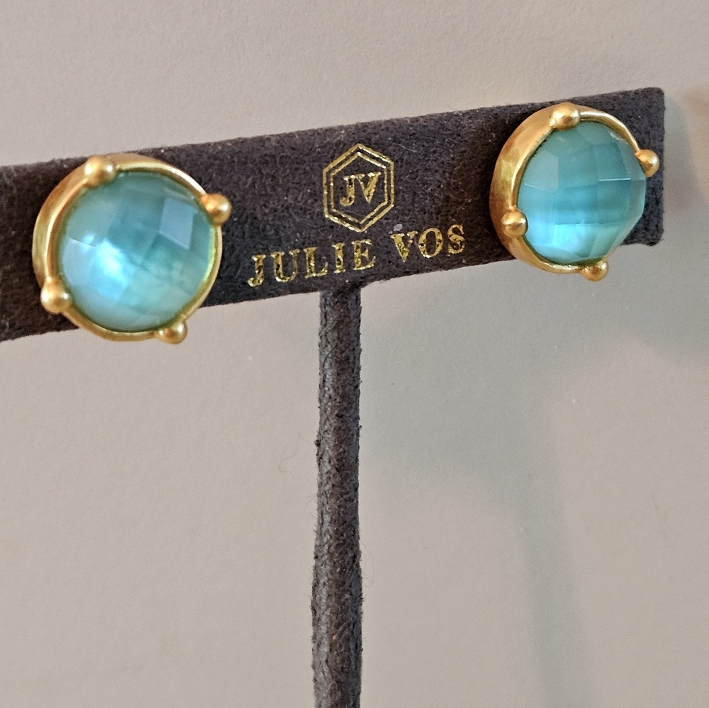 NEW Julie Vos Honey Stud Earrings Irides Bahamian Blue & Suede Pouch-Half Price!